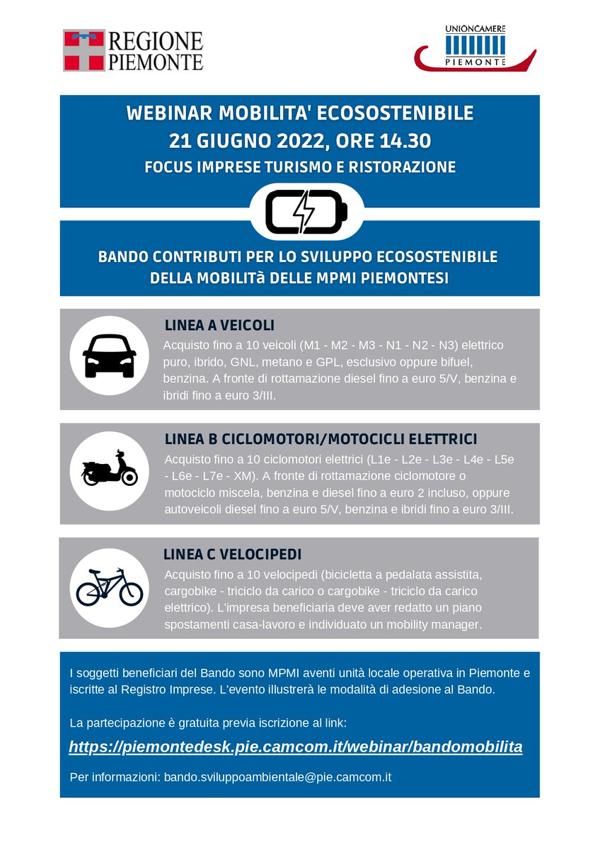 Unioncamere Piemonte (@unioncamere_pie) on Twitter photo Webinar on line sulla #mobilità sostenibile ♻️
Si terrà il 21 giugno il webinar che organizziamo con la <a href="/regionepiemonte/">Regione Piemonte</a> per illustrare il bando "Contributi per lo sviluppo ecosostenibile della mobilità delle MPMI piemontesi" 📌
Per iscriversi: piemontedesk.pie.camcom.it/scheda-webinar… Webinar on line sulla #mobilità sostenibile ♻️
Si terrà il 21 giugno il webinar che organizziamo con la <a href="/regionepiemonte/">Regione Piemonte</a> per illustrare il bando "Contributi per lo sviluppo ecosostenibile della mobilità delle MPMI piemontesi" 📌
Per iscriversi: piemontedesk.pie.camcom.it/scheda-webinar…
