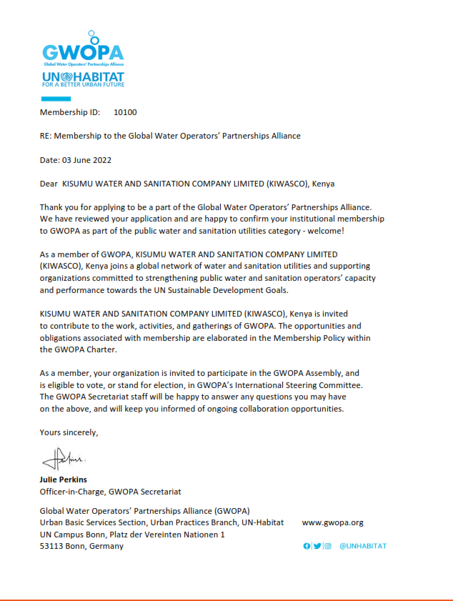 KIWASCO's tweet photo. We are excited to announce that we are now members of the @gwopa . This milestone comes with great platforms to benchmark with the world’s best Water Utilities for improved performance and service delivery.
#RefreshLife
#kiwasco https://t.co/HsxRjc6h4R