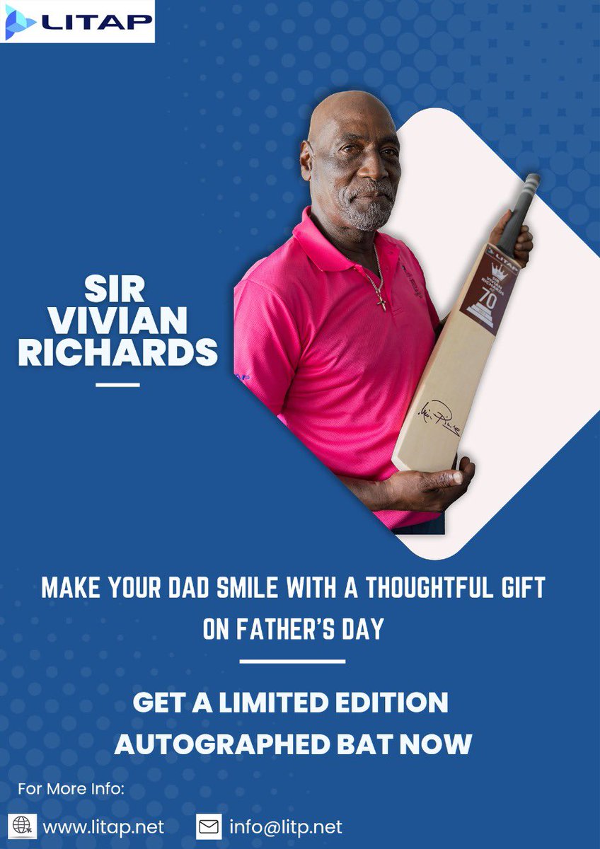 Shruti1992V's tweet photo. Tired of gifting your father the same old socks and shirts? Now you can gift him something special! Celebrate this Father’s Day with your own Special Limited  Edition autographed bat by the one and only - Sir Vivian Richards.
Make your purchase at - https://t.co/pDK9YHQNH5 https://t.co/oSaWl1COFO