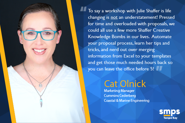 SMPSTampaBay's tweet photo. Last chance to register for the InDesign training on Wednesday hosted by Adobe expert, Julie Shaffer! See below for #SMPS Tampa Bay member, Cat Olnick, who shares her personal experience with Julie's previous workshops. Register here: https://t.co/sWmICI0htE https://t.co/IleFGoJdAy