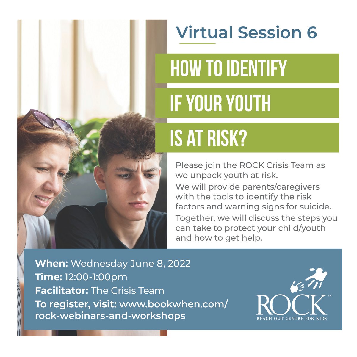 This week’s session in ROCK’s North Halton Caregiver Series is How To Identify If Your Youth Is At Risk?

For more info, and to register, visit bookwhen.com/rock-webinars-…