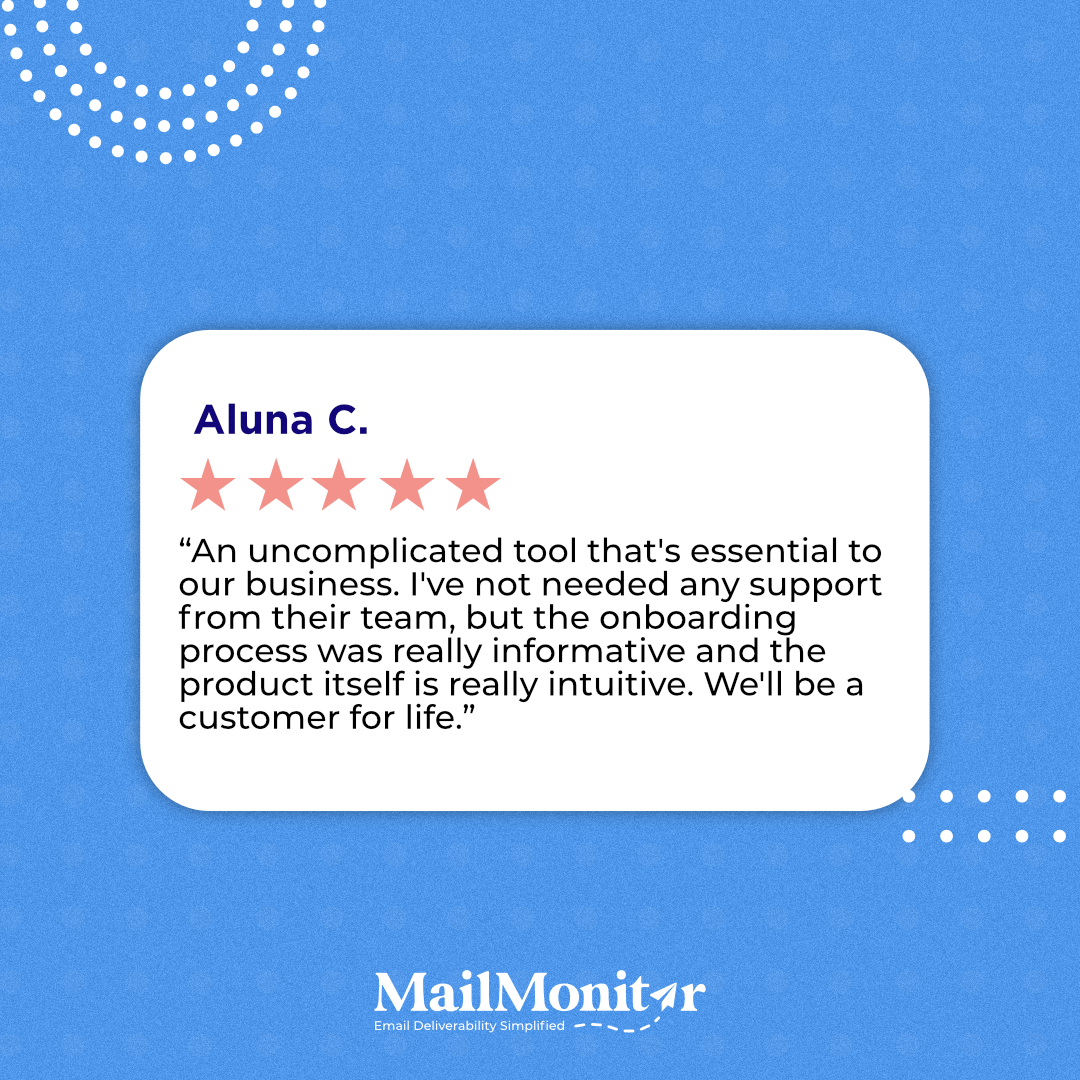 MailMonitor's tweet image. Thanks, Aluna! 🤩

The world of email deliverability is challenging to navigate, so we do our best to make it easier for you to reach your marketing goals.

#emailmarketing #emaildeliverability #mailmonitor #emailmarketingsolutions