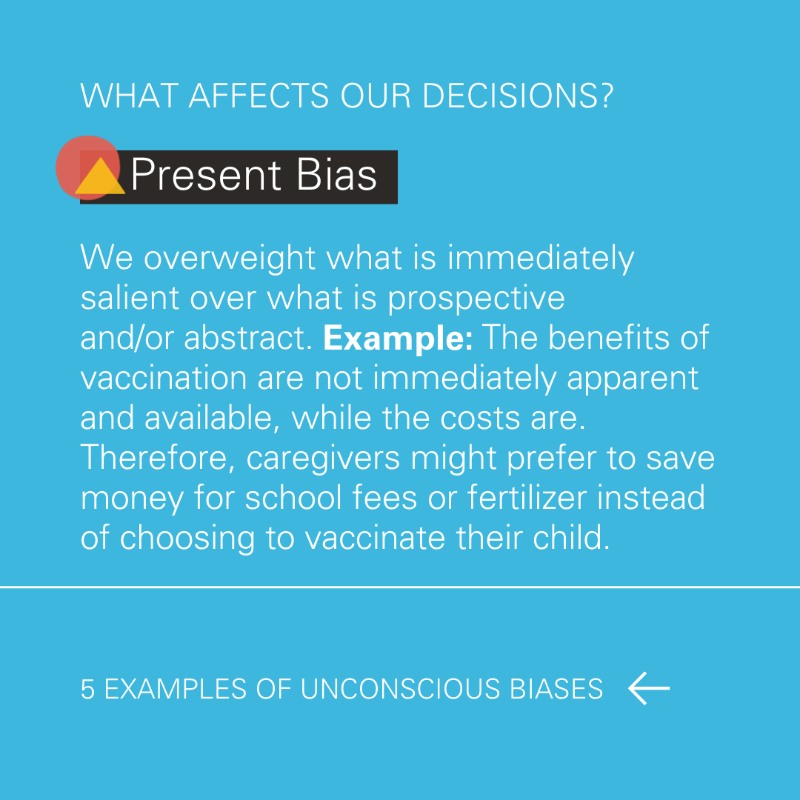 UNICEFInnocenti's tweet photo. What affects our decisions? 
 
💡 Availability bias 
💡 Confirmation bias 
💡 Choice overload
💡 Omission bias 
💡 Present bias 

At the #BIRDLab, we do research on how to help people follow through with their intentions. 
 
Learn more 👇