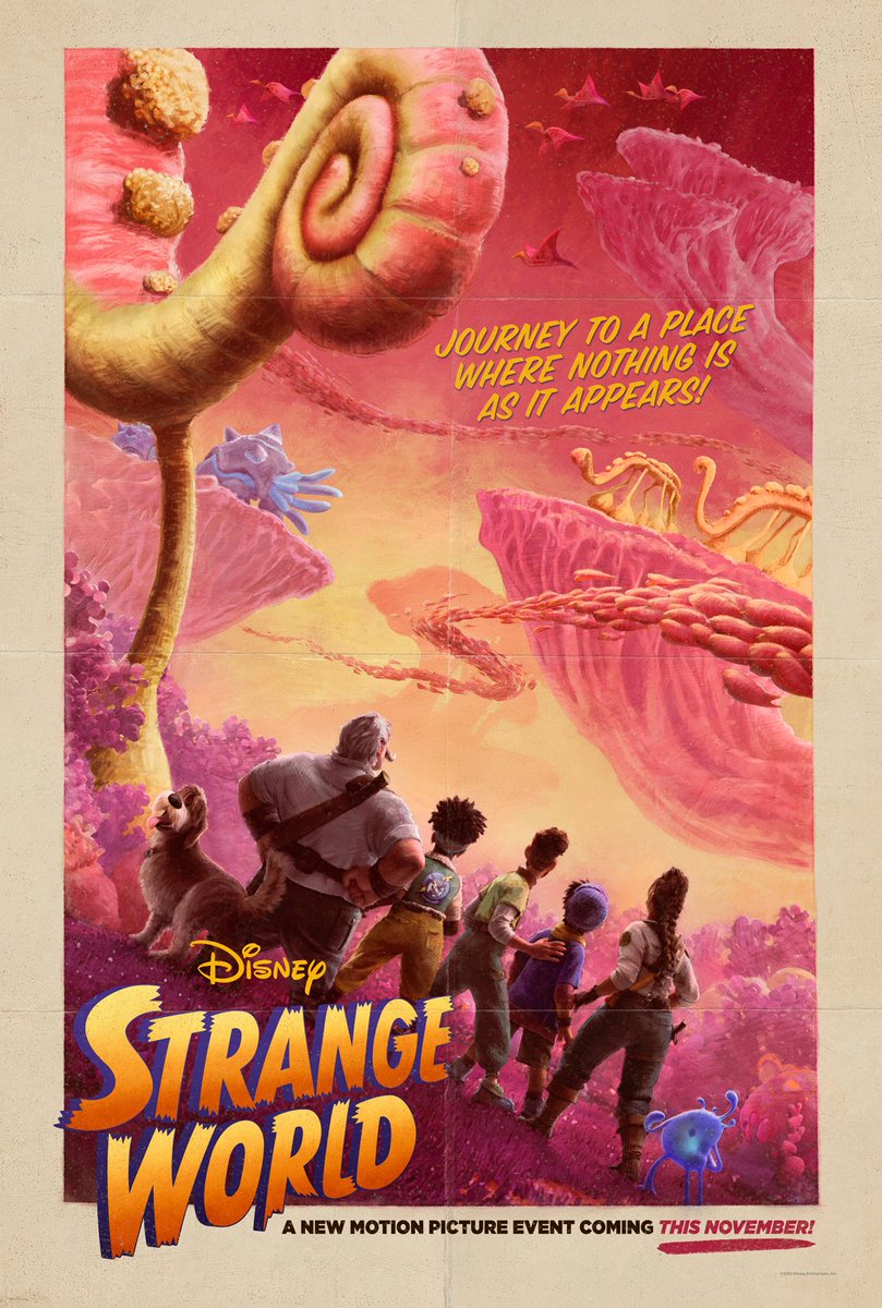 Strange World poster featuring five people and a dog journeying to a place where nothing is as it appears! 