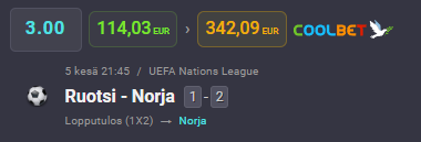Jartsi's tweet photo. @Coolbet_ Viikonloppuna tuli otettua #triplaus voitto kotiin toisen kerran parin viikon sisällä 💪 Tuplauksessa en ole hetkeen päässyt maanantaita pidemmälle, mutta triplaus tuntuu osuvan mukavasti. https://t.co/3CDomAKm8Q