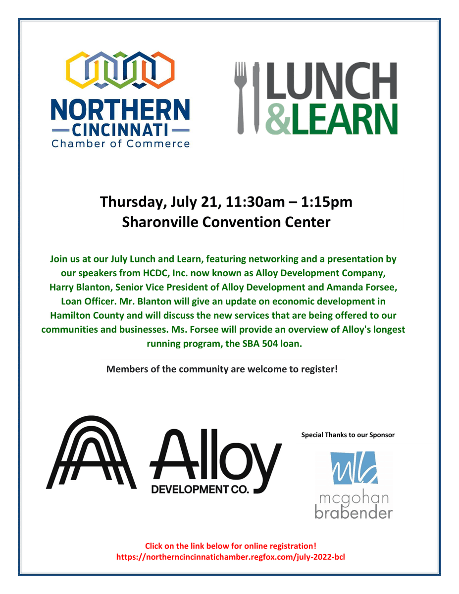AlloyDevCo's tweet photo. Join us at our July Lunch and Learn, featuring networking and a presentation by our speakers from Alloy Development Company, Harry Blanton, Senior Vice President of Alloy Development and Amanda Forsee
https://t.co/SOQ4OoEg1m
#meetalloy #hamiltoncountyoh #economicdevelopment https://t.co/kLulNrjSn3