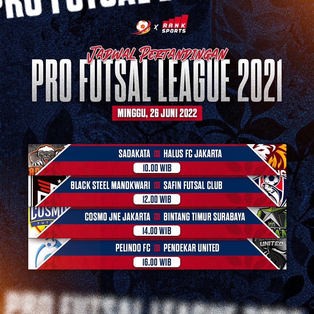 Jadwal Pro Futsal League 2021 yang akan berlangsung di GOR Pangsuma, Pontianak selama dua minggu nih lob.

Jadwal ini jika tidak ada perubahan yah. Biasanya ada perubahan terkait siaran lob. Info siaran juga belum tau.

Kalo udah ada penonton, pecah sih biasanya GOR Pangsuma 🔥🔥