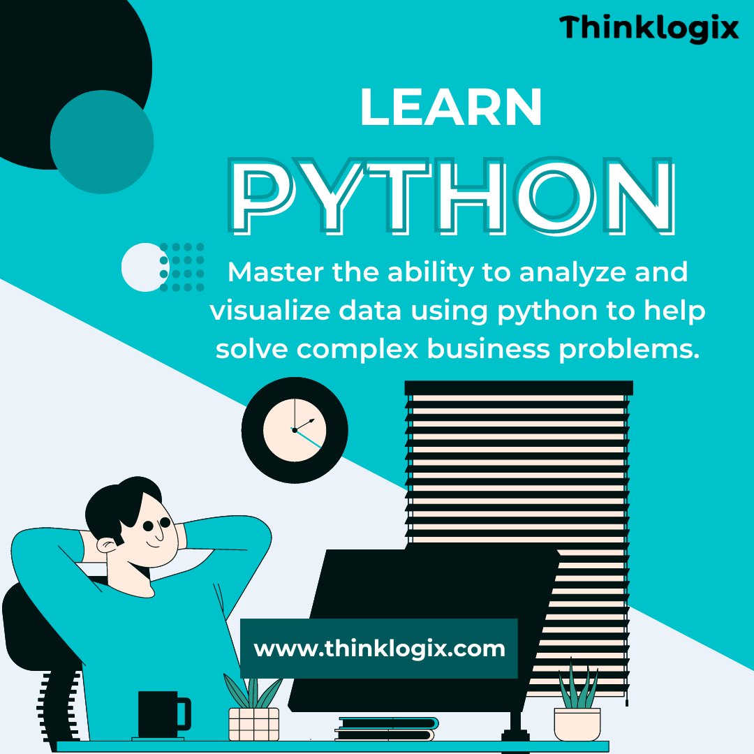 Think_Logix's tweet image. Data science is one of today’s most in-demand functions and Python is an essential skill in any data scientist’s toolbox. Learn more about Python with Thinklogix. Visit: thinklogix.com for more information. 

#datascience #dataanalytics #dataanalyst #business #python