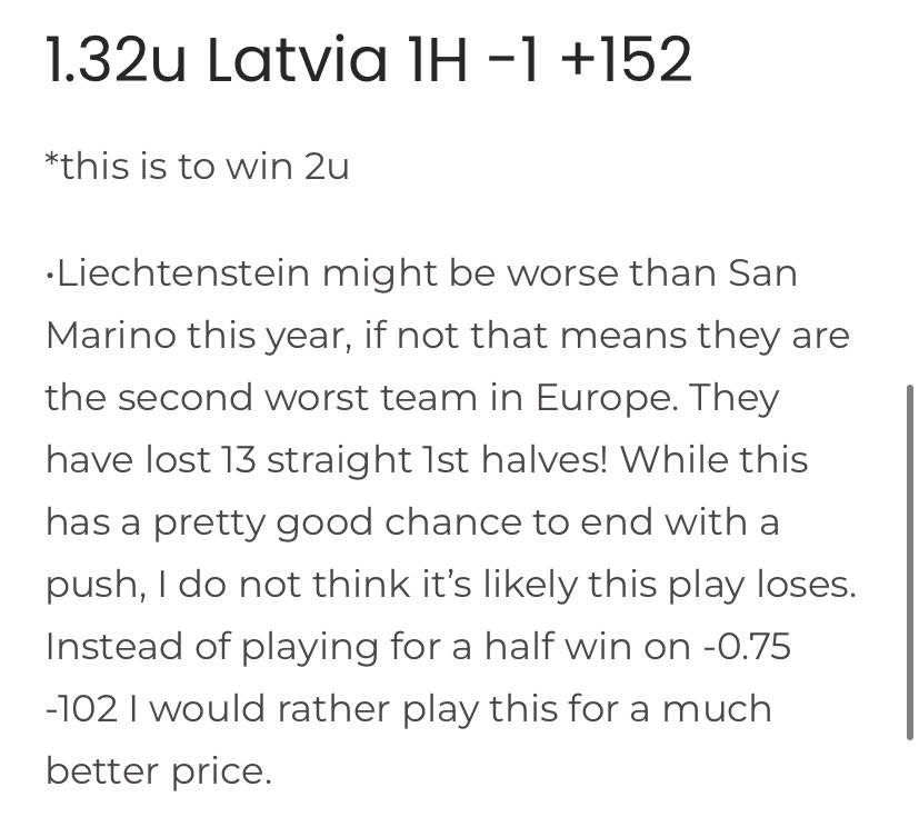picks_ice's tweet photo. Let’s keep the #BigBangs going
⭐️Like this tweet, tail this play. If I miss I will do two $50 giveaways⭐️
Great value and solid support data here
⚽️Nations League 12pm EST
1.32u Latvia 1H -1 +152
*Risking 1.32u to win 2u.
Let’s keep rolling and get another W here fellas😎 https://t.co/ztzEFjcXoO