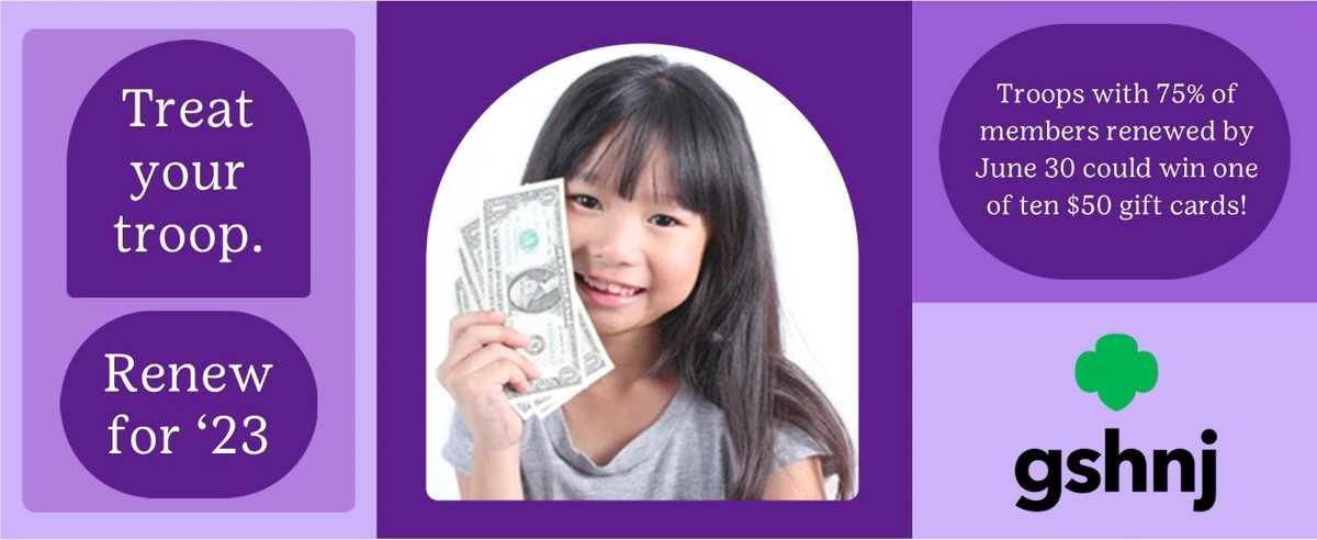Treat your troop to another year of Girl Scouting and a little extra fun this year. Troops who have renewed two adult leaders and 75% of Girl Scouts who were registered on April 1, 2022 will be entered into a lottery to win one of ten $50 gift cards. Lottery ends June 30, 2022!