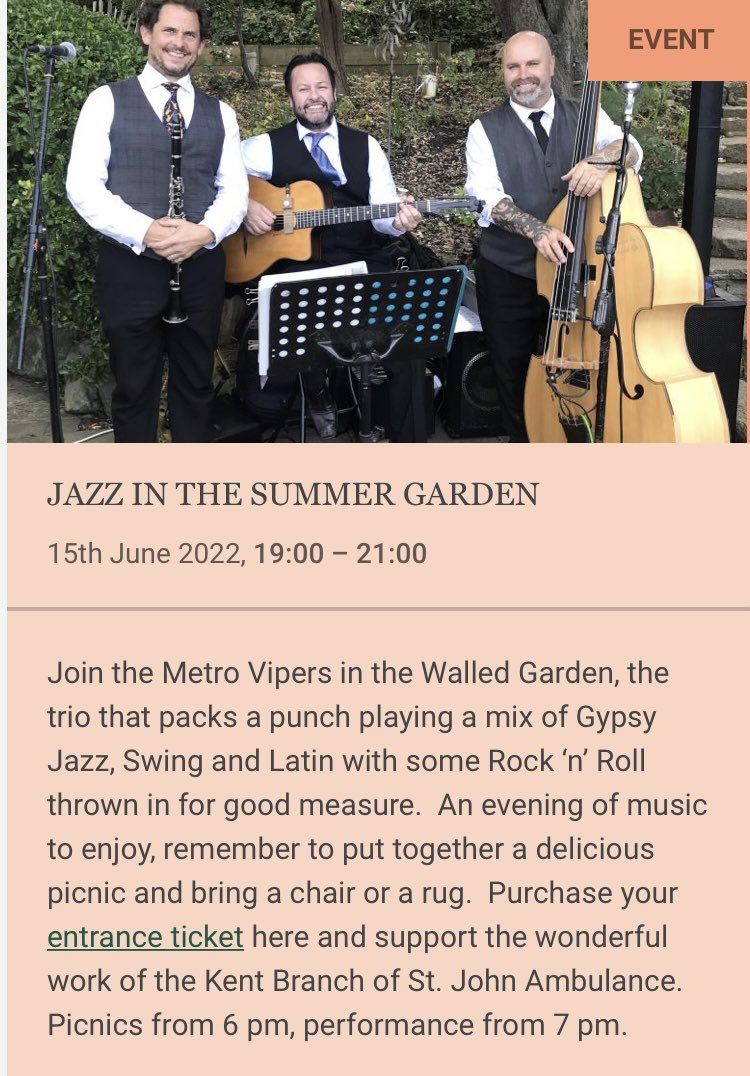 We’re back at beautiful @Godinton Godinton House And Gardens Wednesday 15th June at 7pm for their ‘Jazz In The Summer Garden event’.Come on down for swinging jazz fun amongst the flowers, trees & other growey things. AND it’s for a fab cause @StJohnEngland #swingjazz #livemusic