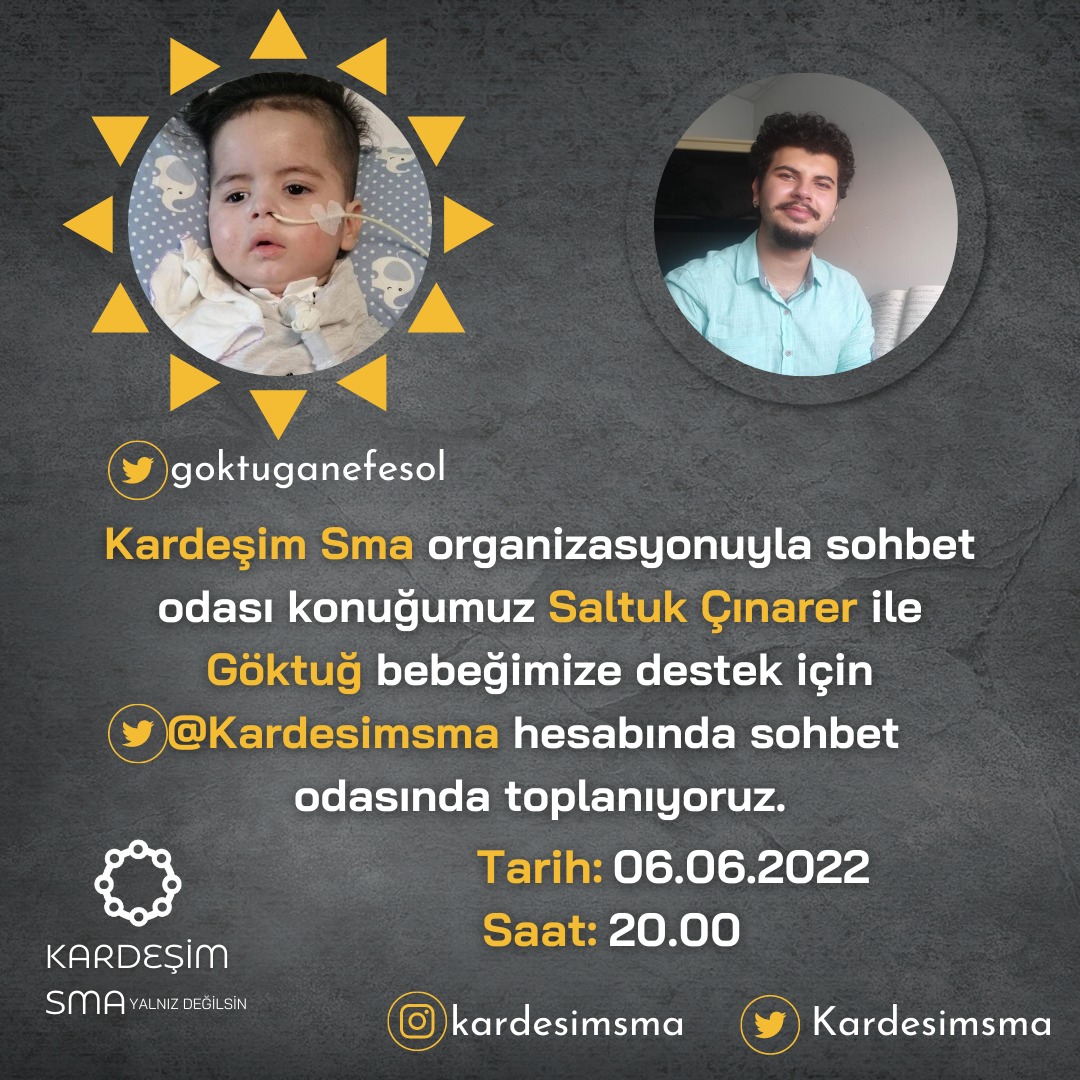 YAYIN DUYURUSU!

Bugün saat 20:00’da hesabımızda Göktuğ Bebek ☀️ için Müzisyen Saltuk Çınarer’in katılımlarıyla Şarkılı-İstekli Bağış Odası Açılacaktır. Katılım, katkı ve desteklerinizi bekliyoruz.🤝