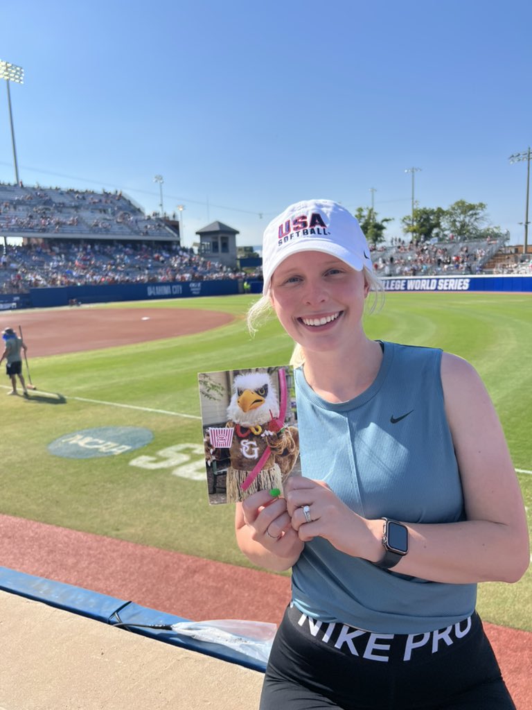 SGIS_Softball's tweet photo. Coach McGuire and #flatgryph visit the #wcws . UCLA forces game 2 against OU. If you’re not watching softball today then wyd? https://t.co/1A5lq5NmBE