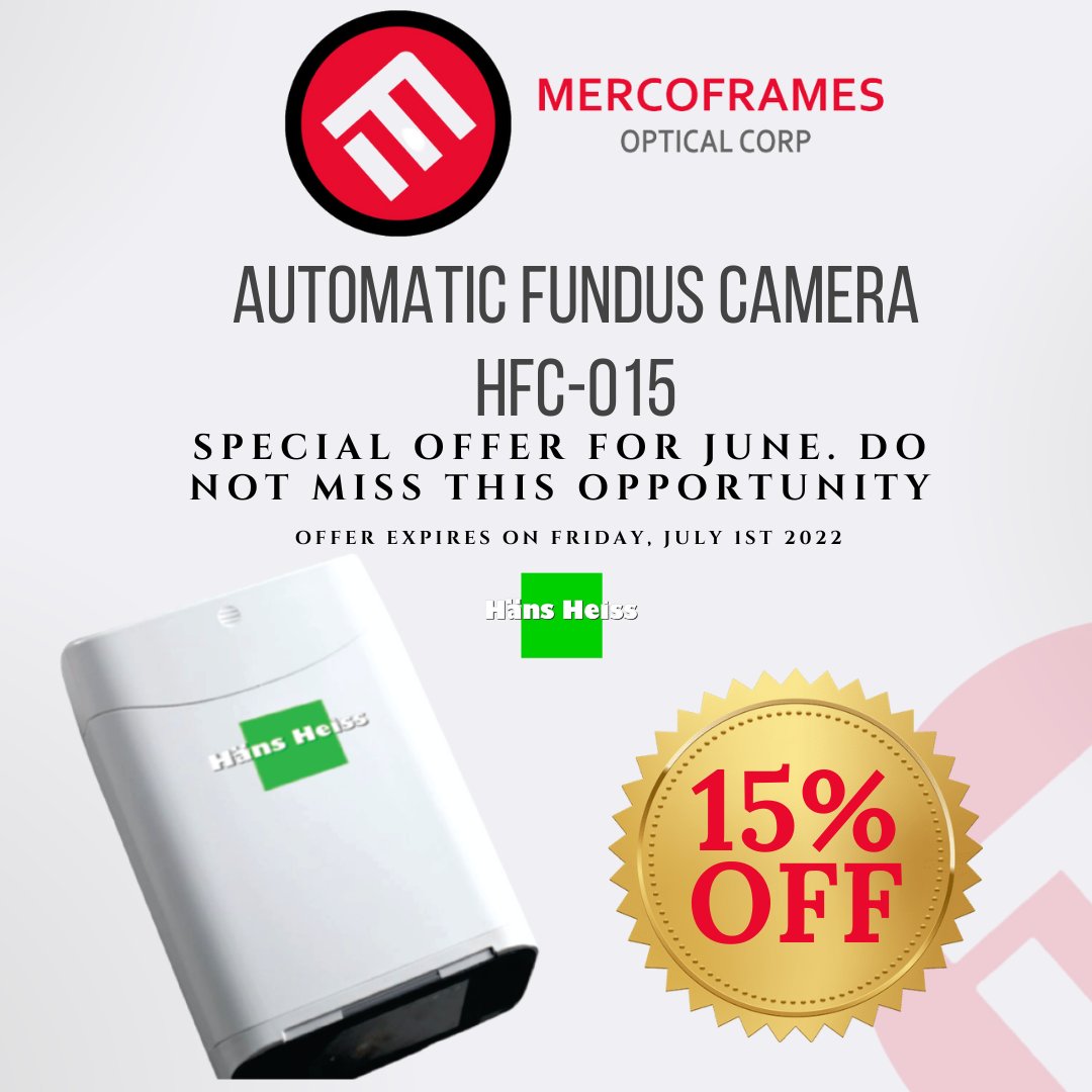 Mercoframes's tweet image. Special Offer for June. Do not miss this opportunity
15% OFF on the HFC-015 Retinal Camera
Mercoframes: Offer expires on Friday, July 1st 2022
Click on the link
mercoframes.com/product/retina…
#Offer 
#June
#ophthalmicequipment
#ophthalmic
#optometry
#optical
#optometrist
#ophthalmology