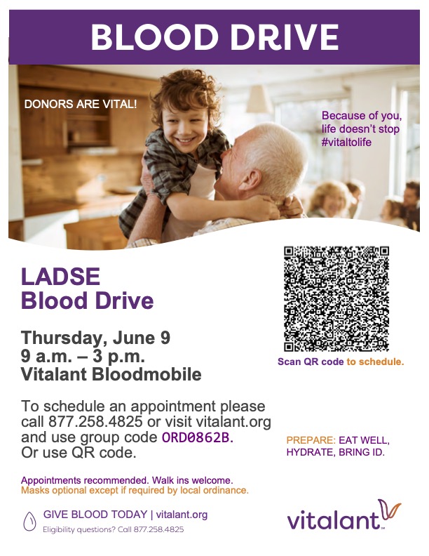 LADSE Blood Drive this Thursday June 9 - 9 am - 3 pm