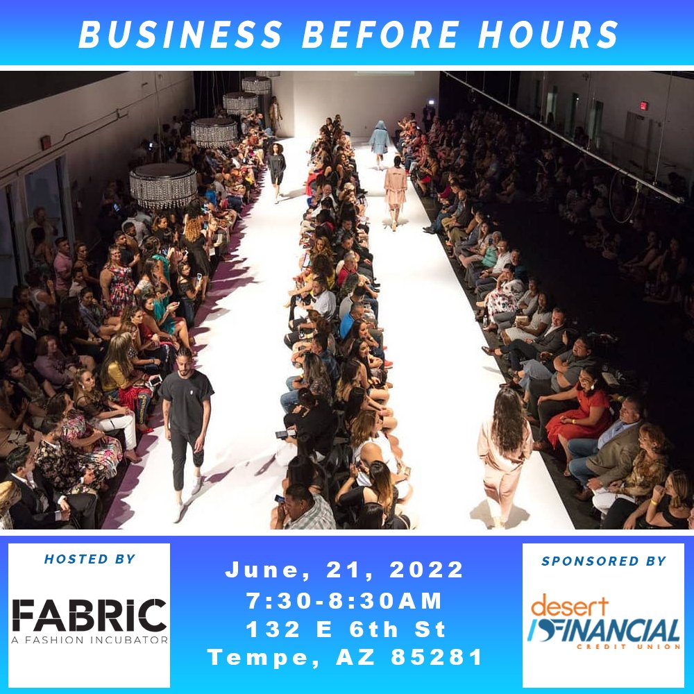 Looking to make new connections in the Chamber? Join us June 21st for our monthly morning mixer, Business Before Hours, hosted by <a href="/FabricTempe/">FabricTempe</a> 
RSVP: bit.ly/3NtfOb6

#BusinessBeforeHours is sponsored by <a href="/DesertFinancial/">Desert Financial</a> 
#TempeChamber #DevelopYourNetwork