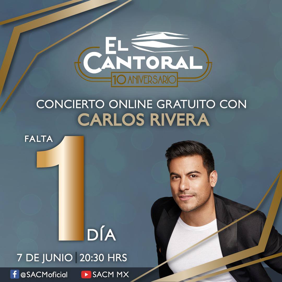 SACM_Oficial's tweet photo. 🚨Este 7 de junio, tenemos una cita con @_CarlosRivera 🤤 para celebrar los 10 Años de @elcantoral_. ¿Te la vas a perder? 

¡Te esperamos a partir de las 20:30!
📲Facebook: https://t.co/3qe6IcpaRd
📲Youtube: https://t.co/ntHz36Jktl https://t.co/e7yP02L2k3