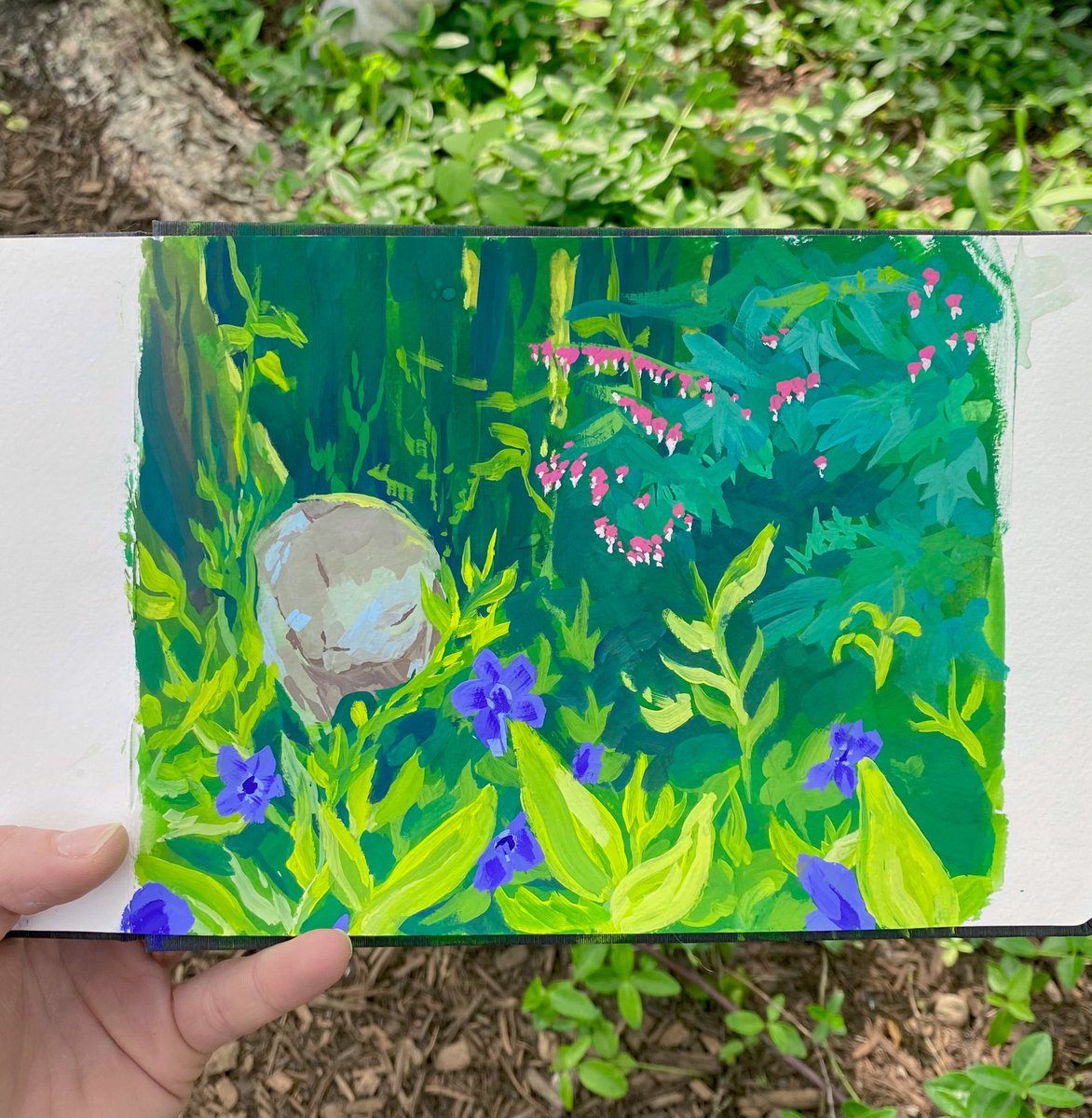 starting off my painting sketchbook with a gouache sketch from my backyard!! i always love seeing the bleeding hearts every spring!