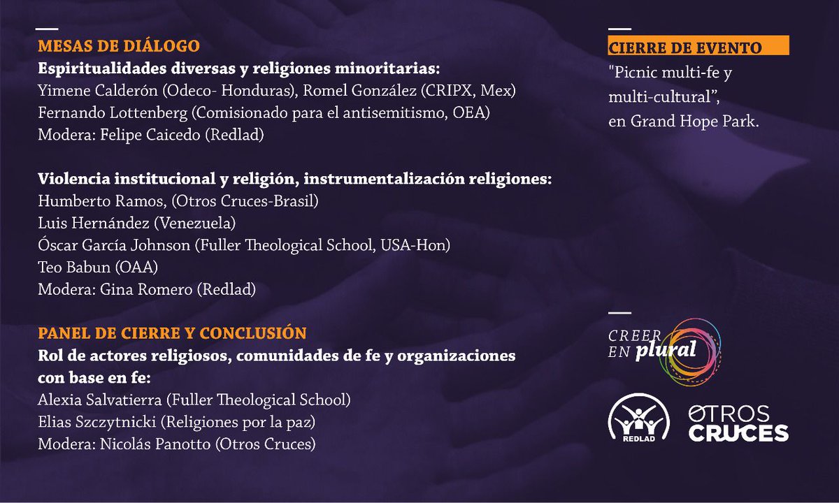 HOY🌈
Algunos de los eventos del proyecto 'Creer en Plural' en los que participaremos en el marco de la XI Cumbre de las Américas, en Los Ángeles, California.

#Creerenplural #libertadreligiosa #libertaddecreencias