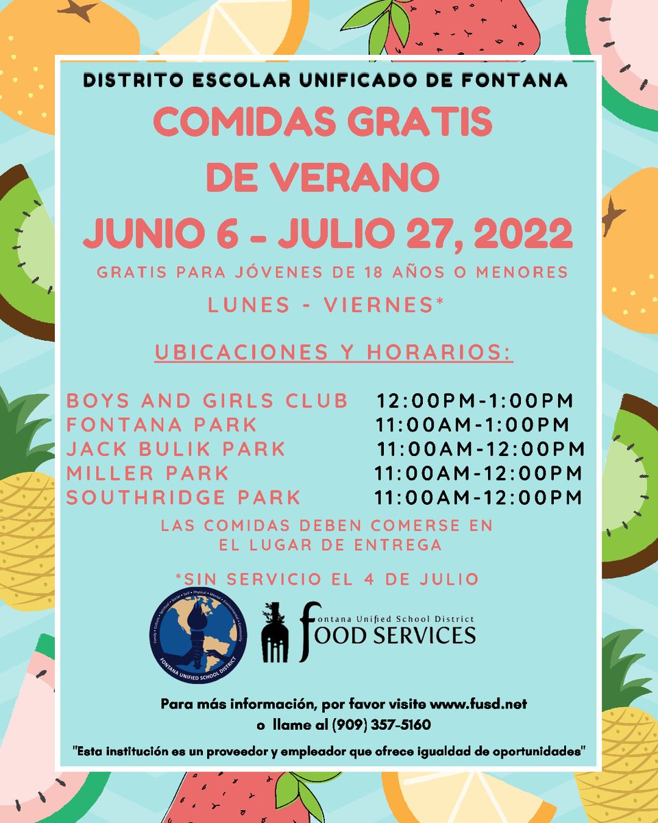 Free Summer Meals start today at the following locations.  These free meals are available for all youth ages 18 and younger.