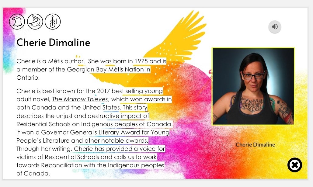 SJB_YCDSB's tweet photo. Today we began our first segment of Indigenous History Minute #NIHM2022.  We learned about Cherie Dimaline.  She is an award winning author who teaches us that we can use our voice and creativity to empower change. @IE_ycdsb https://t.co/xCxTcKMIWA