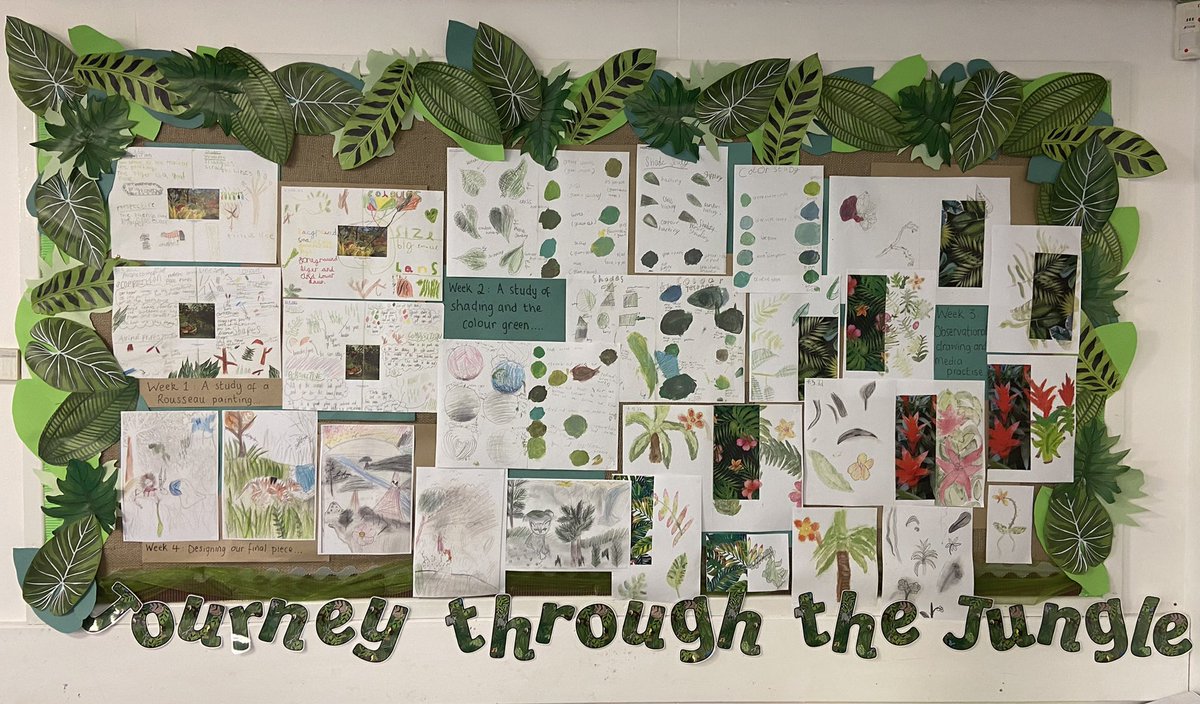 Year 5 have created this beautiful display that takes us through their observational art journey!

“A Walk Through the Jungle”