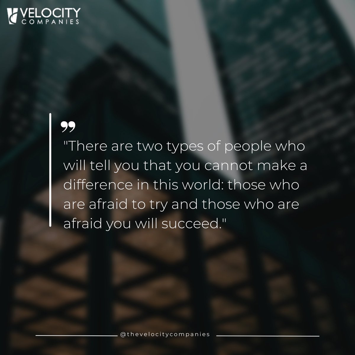 TheVelocityComp's tweet image. It’s important to remember that the voices which are holding you back are rooted in an insecurity, in either a lack of imagination, a fear of stepping out of bounds, or, as Ray Goforth says, a fear that you will succeed, because if you succeed, then they have no excuse.