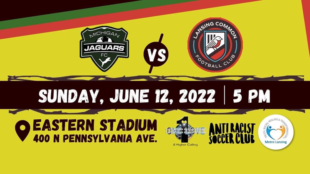 lansingcommonfc's tweet photo. We're back home this Sunday at 5pm against @MichiganJaguars!

In partnership with @oneloveglobal, this match will be Juneteenth Recognition night. 

Come enjoy the game, learn more about Juneteenth, and get involved in the community!

https://t.co/kzfDQCGTpW https://t.co/gLLxfjJC45