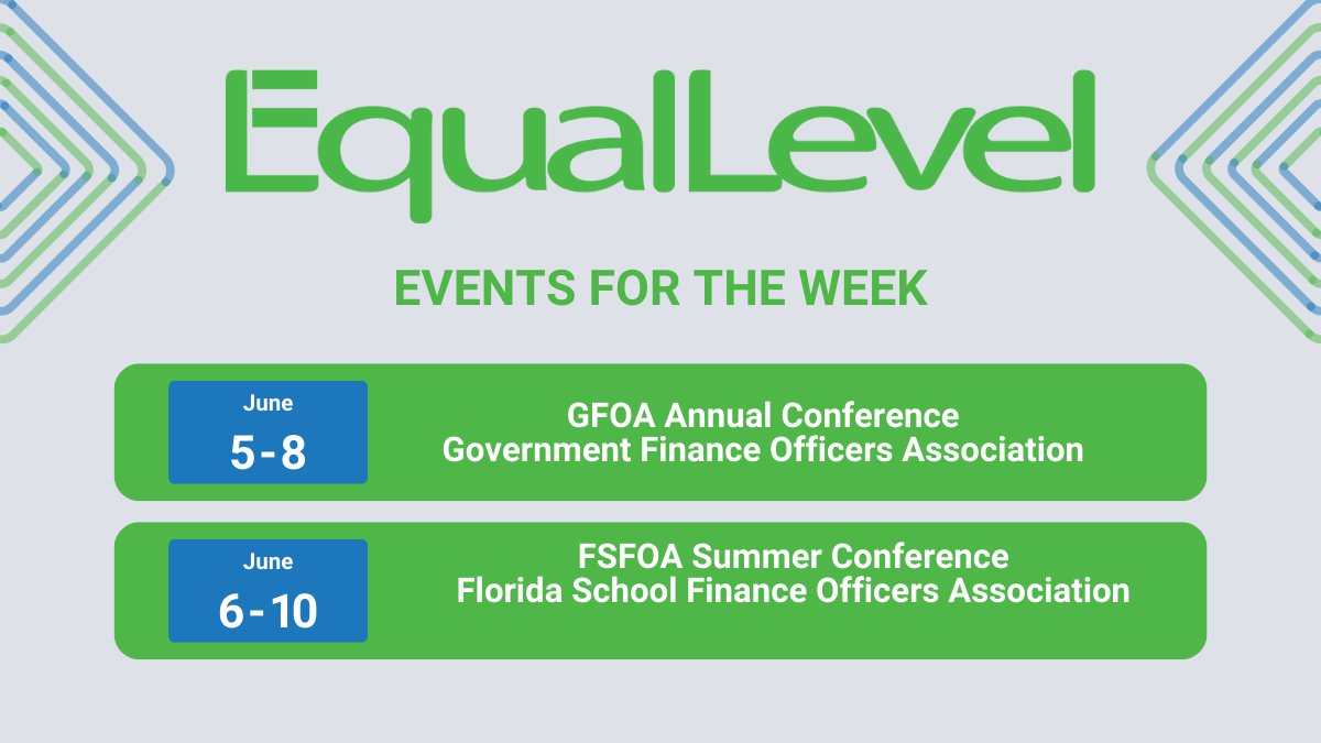 EqualLevel's tweet image. The EqualLevel team may be at a conference near you. Let's connect to learn about our procure-to-pay compliance platform. Check out our events for the week: equallevel.com/events/

....
#EqualLevel #procuretopay #GFOA #FSFOA