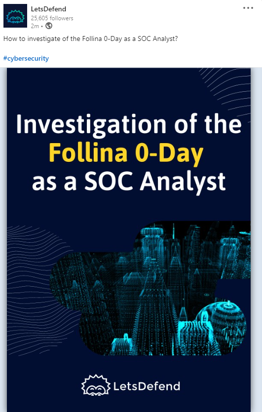 LetsDefendIO's tweet photo. How to investigate of the Follina 0-Day as a SOC Analyst?

https://t.co/sTCMLKR5N5

#cybersecurity https://t.co/9piYpsuv9g