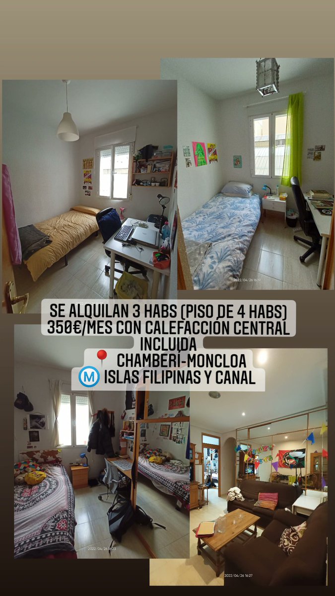 maria_alo98's tweet photo. Busco 3 personas para entrar en un piso en Madrid en Julio (piso de 4 habitaciones, se quedan 3 libres). Zona de Chamberí/Moncloa, 350 euros con calefacción central incluida. Pisito LGTBIfriendly 🌈 y siempre con muy buen rollo! https://t.co/whFhslmgOR
