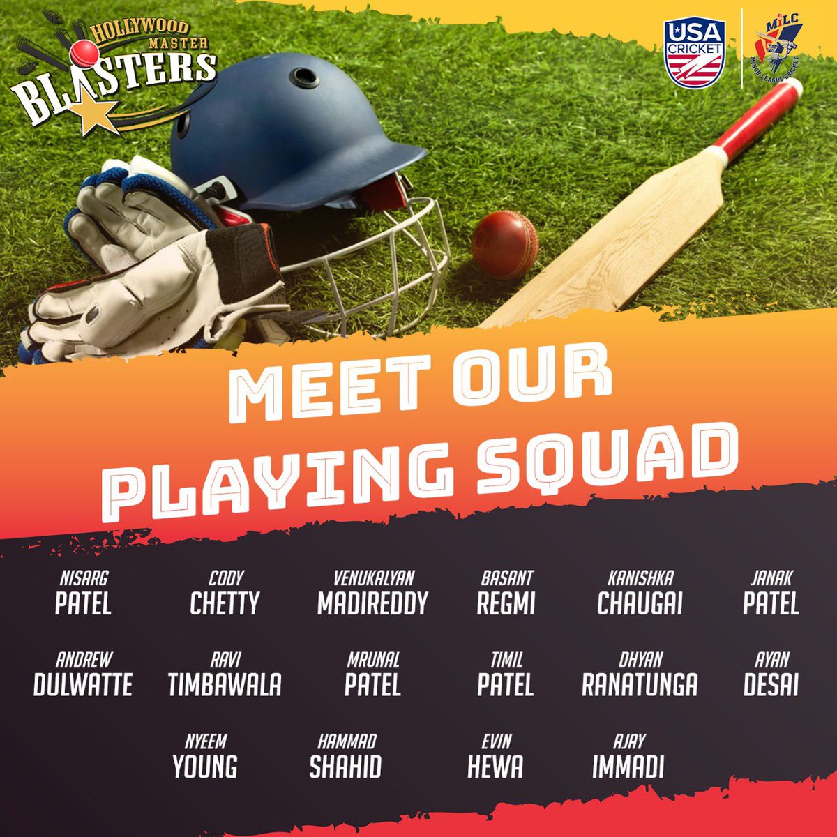 HollywoodMiLC's tweet photo. Our playing squad is ready, are you? 🤩🤩🥳

#HollywoodMasterBlasters #MiLC #MinorLeagueCricket #TeamHollywood #USACricket #MLC #mastersofthegame #wearehmb #hmb @MiLCricket https://t.co/JkJIMt230H