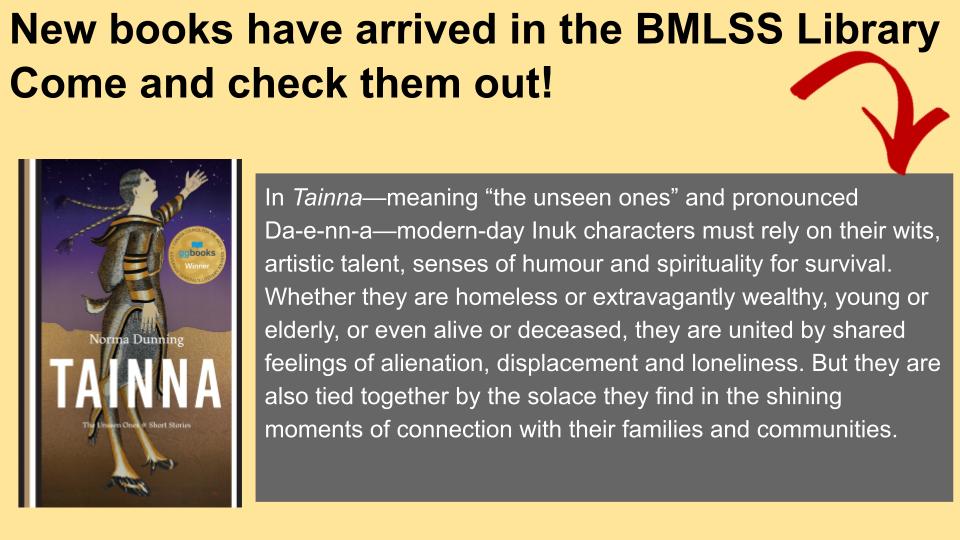 BMLSSLibrary's tweet image. Come to the library and check out Tainna.  While here, take the time to look at our display for National Indigenous History Month.  #NIHM2022 @TLDSB_FNIM @TLDSBEquity #TLDSBReads #BMLSSlearns @infobml