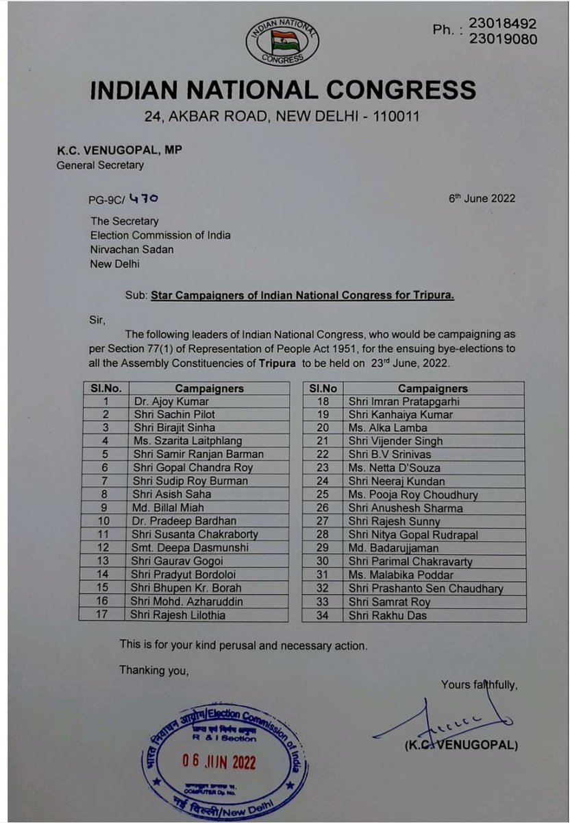 INCTripura's tweet photo. Heartiest Congratulations to all our Star Campaigners for Tripura Bye Elections 2022. @SudipRoyBarman1 @drajoykumar @szarita @BirajitSinhaINC https://t.co/Mms8hyasD4