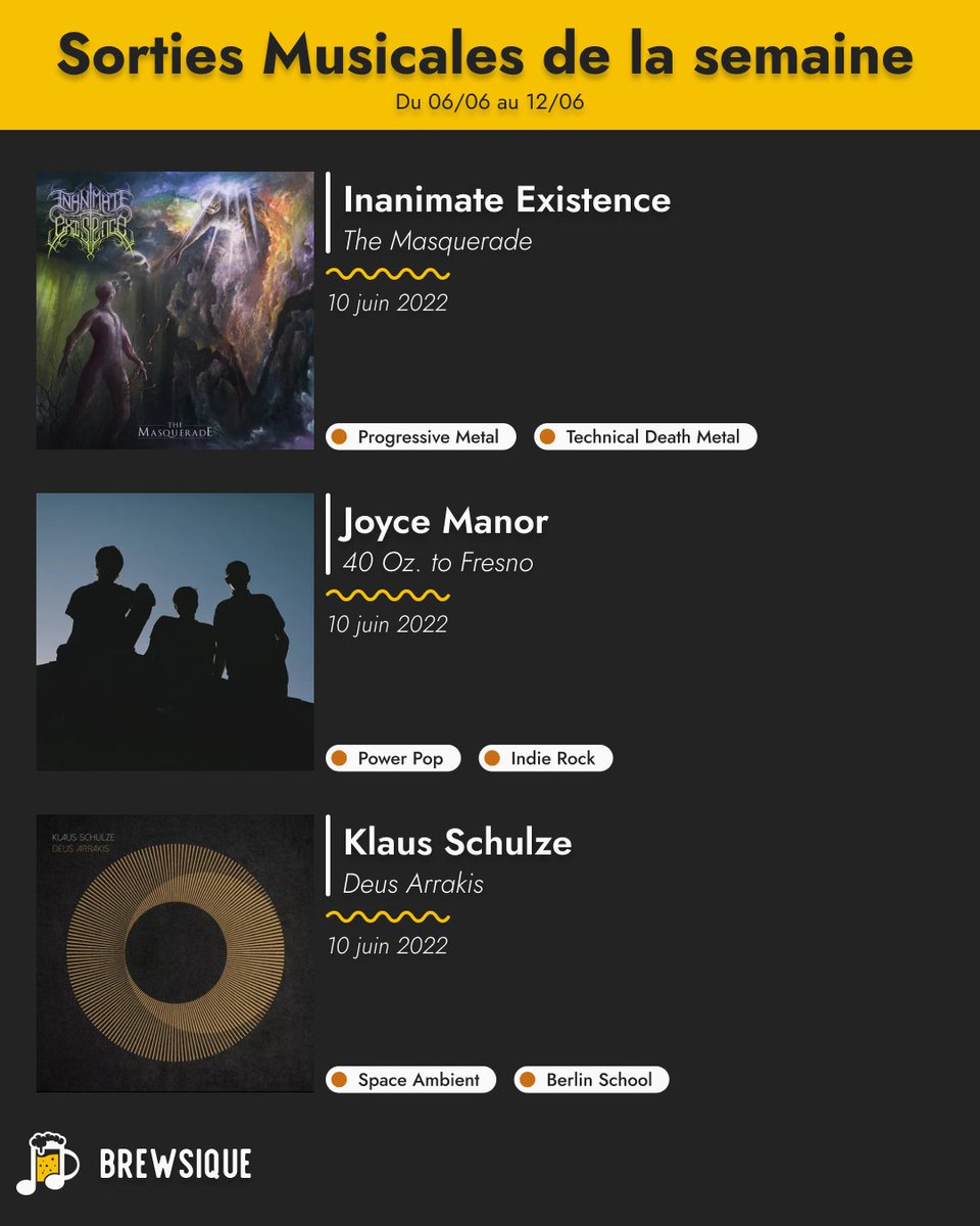 Brewsique's tweet photo. Êtes vous prêts pour la nouvelle semaine qui s'annonce ? Perso, de gros projets sont en cours, donc je suis motivé !
Niveau musique cette semaine, on va être servi puisqu'on a les albums de #inanimateexistence #joycemanor et #klausschulze !
Vous attendez quoi vous ? 👀 https://t.co/ibVouqvnb3