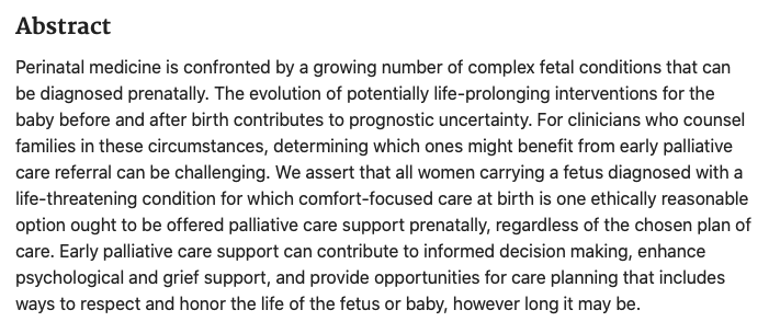 PerinatalHospic's tweet photo. New from Journal of Palliative 
Care: "All women carrying a fetus diagnosed with a life-threatening condition for which comfort-focused care at birth is one ethically reasonable option ought to be offered palliative care support prenatally" https://t.co/2rxDgam6Y8 #hapc #obgyn https://t.co/xQTrNGCmcC