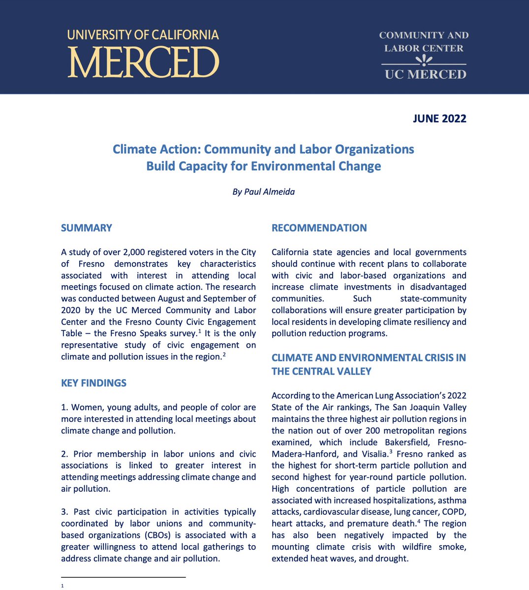 📢 NEW REPORT: Climate Action, a new report, finds that labor union &amp; community organization membership are the greatest factors related to Fresno voters’ interest in civic action on climate change.
bit.ly/3NYzlzQ