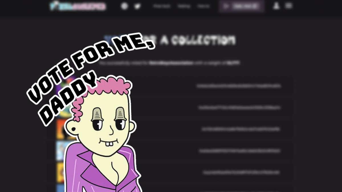 <a href="/PixelSweeper/">PixelSweeper 🧹</a> vote is now open! 

If you're staking Sweepers please visit website pixelsweeper.com/voting to vote for Retro Boyz Association!

Vote for me, daddy!