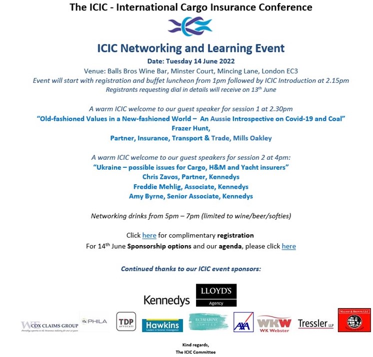 cargoconference's tweet image. The ICIC International Cargo Insurance Conference Network and Learning Event is taking place on Tuesday 14 June 2022. Visit our website to view the agenda &amp;amp; for further details on sponsorship/registration lnkd.in/gZwrncx to this free to attend event #ICIC #cargoinsurance