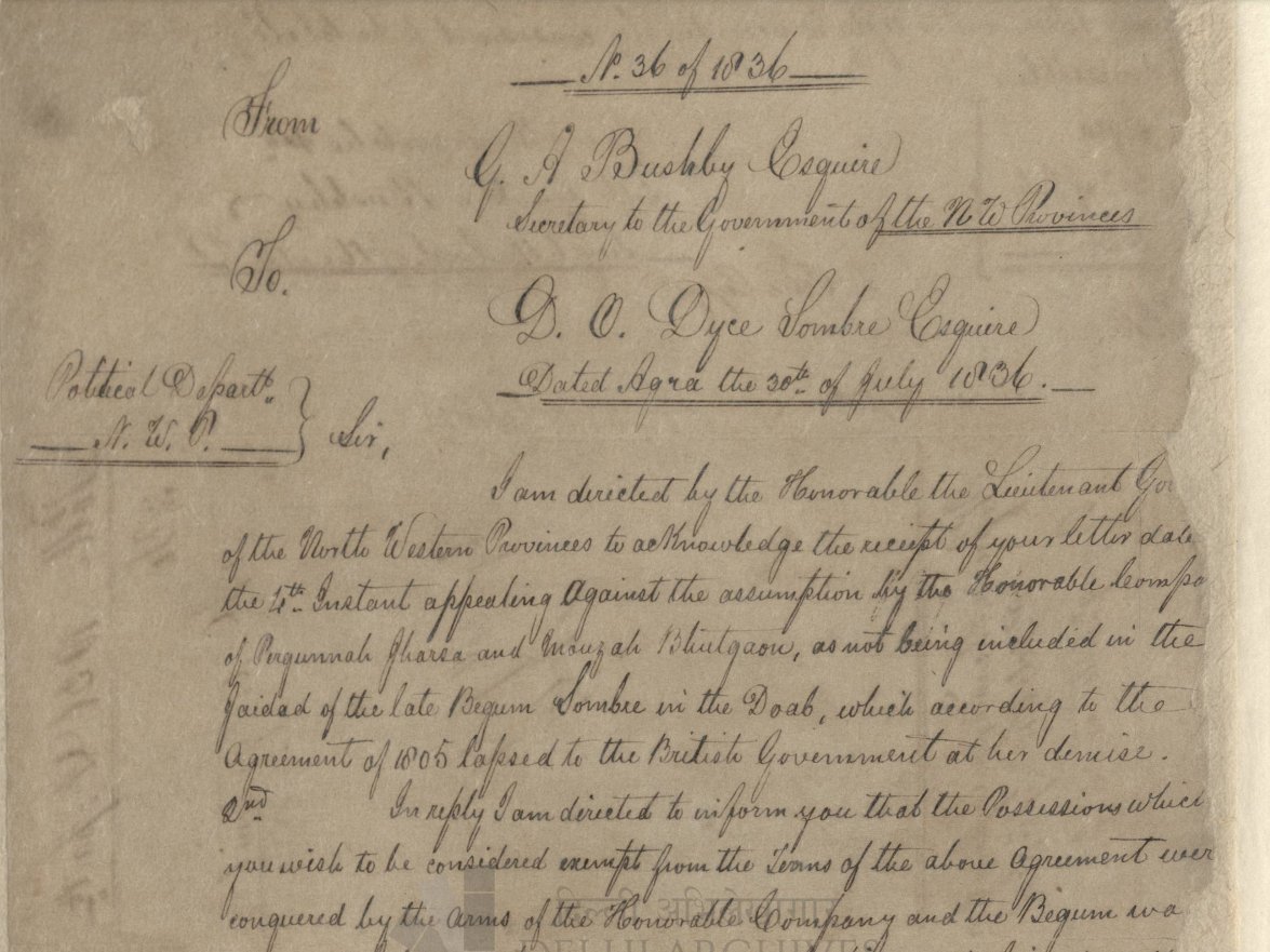 Delhi_Archives's tweet photo. #DocumentoftheWeek
Badshapore Suit: In this suit, the representative Mr. Dyce Sombre has claimed possession of a valuable property of Begum Sombre or Samru, called Purgunah Badshapore Jharsa, from the Government of India.
Source: File No. 1/1836/Deputy Commissioner https://t.co/6SmmmH6hSO