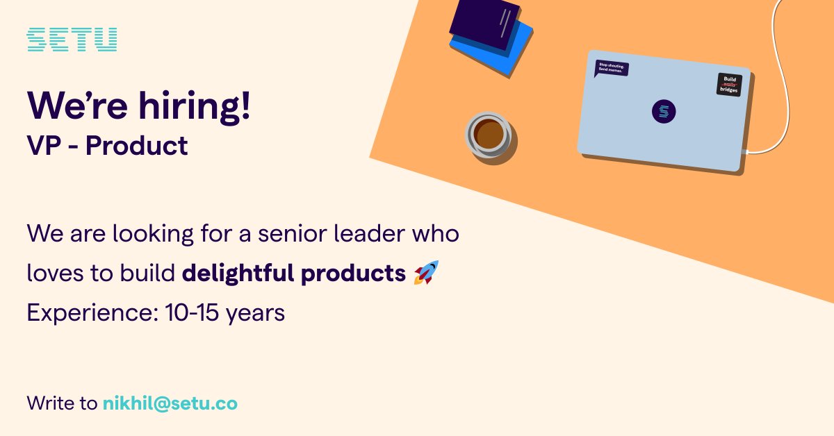 nikhilkumarks's tweet photo. I am looking to hire our first VP-Product at @Setu_API ! We are building one of the most exciting infrastructure companies in the world spanning across - UPI, BBPS, OCEN, Account Aggregator, ONDC, FDs , Identity &amp; Verification. 1/n https://t.co/7pBPFf89gO