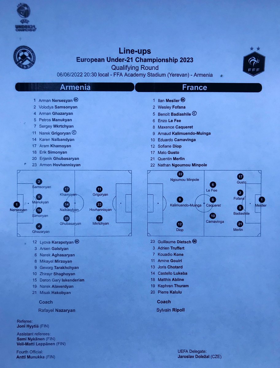 🏆 Armenia - France U21
<a href="/FFF/">FFF</a> Équipe de France 🇫🇷 
#matthisabline 👌🏼