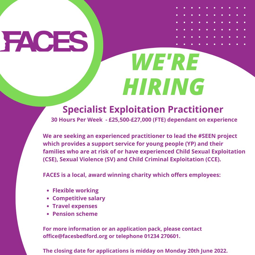 We're looking for an experienced practitioner to join Team FACES! 
The closing date for applications is midday on Monday 20th June 2022. 

N.B. This position is a fixed term contact for 15 months, there is a possibility of extension if funding is secured. 

#hiring #joinourteam
