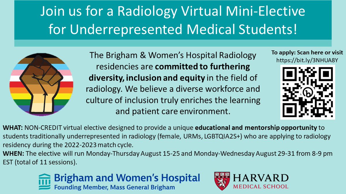 📢Join BWHRad for our 2022 Virtual Mini-elective in Aug! #radres #futureradres #MedTwitter #DiversityandInclusion 
Apply NOW: forms.office.com/pages/response…