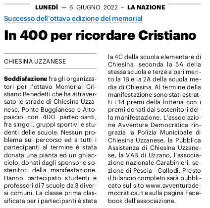 Sul Giornale di Pistoia e della Valdinievole e su La Nazione si parla dell'ottava edizione del Memorial Cristiano Benedetti.
#Chiesina #Uzzanese
