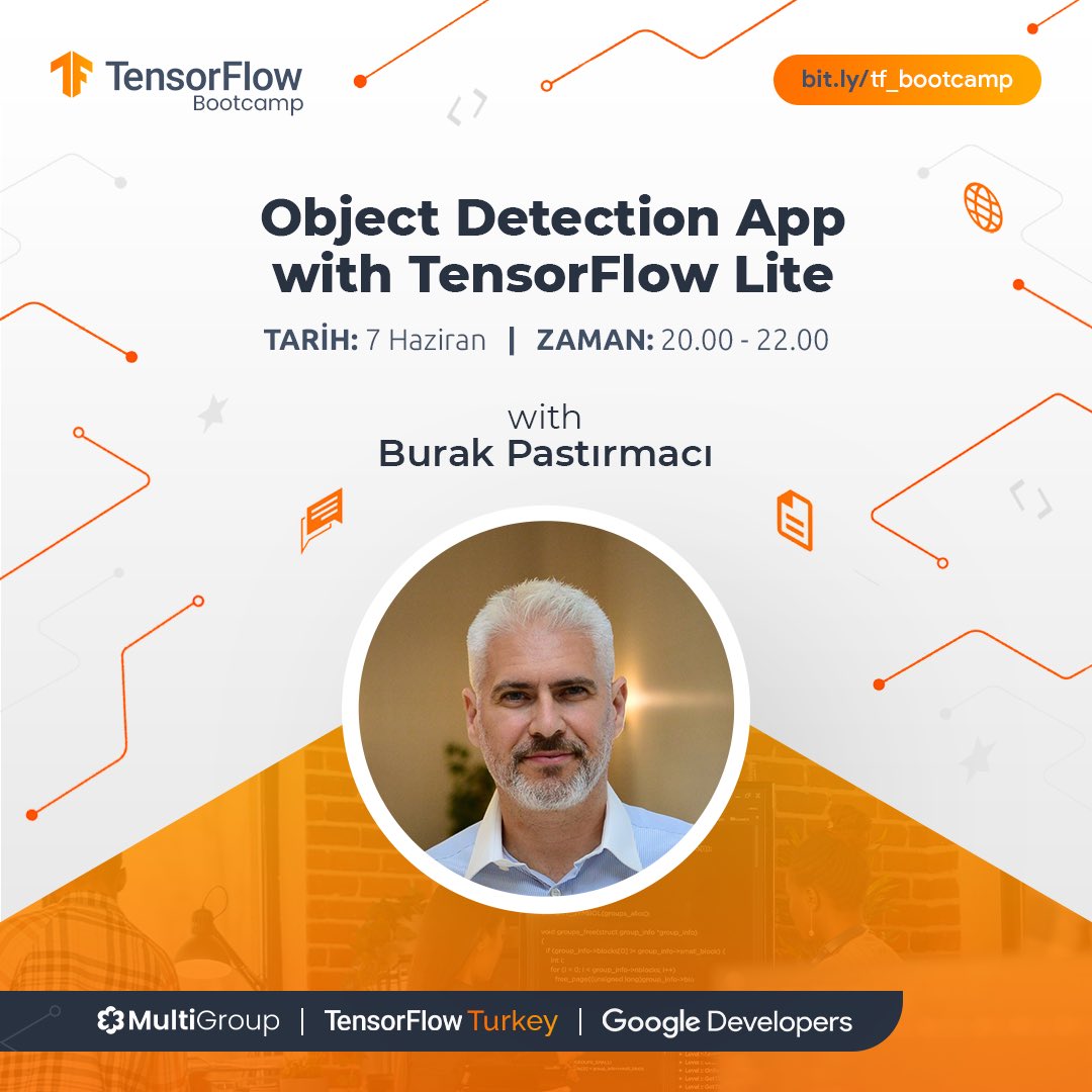 TensorFlow Bootcamp’in sıradaki konuşmacısı Burak Pastırmacı! 🎉
 
Object Detection App with TensorFlow Lite konulu eğitimi ile 7 Haziran Salı günü saat 20:00’da bizlerle olacak. 🧡 
 
🔗 bit.ly/tf_bootcamp 
Görüşmek üzere! ✨ 
 
#TensorFlow #TensorFlowBootcamp