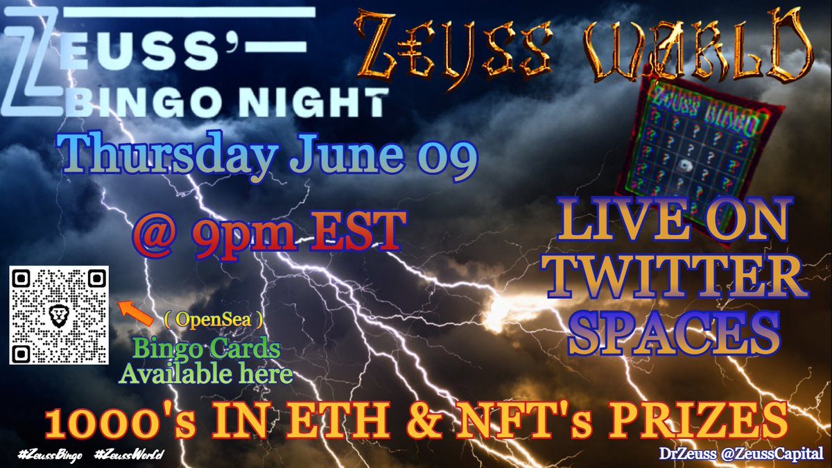 #NFTGiveaway sorta

This week I will only be able to play 1 or 2 games of #ZeussBingo😭
SO
IF ANY OF MY CARDS WIN ON THURS, I 'LL USE 100% OF THE WINNINGS TO SWEEP THE FLOOR, AND GIVE THOSE SWEPT CARDS TO A SELECT FEW WHO

1⃣👍 &amp; retweet this post
2⃣Follow <a href="/ZeussCapital/">DrZeuss 🩺⚡️</a> &amp; myself