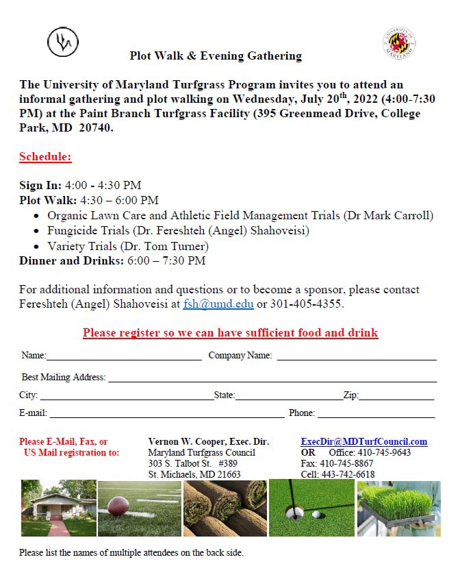 The UMD Turf Program will be hosting an event “Plot Walk and Evening Gathering” July 20th (4- 7:30 pm). The registration deadline is July 8th. Looking forward to meeting you all!