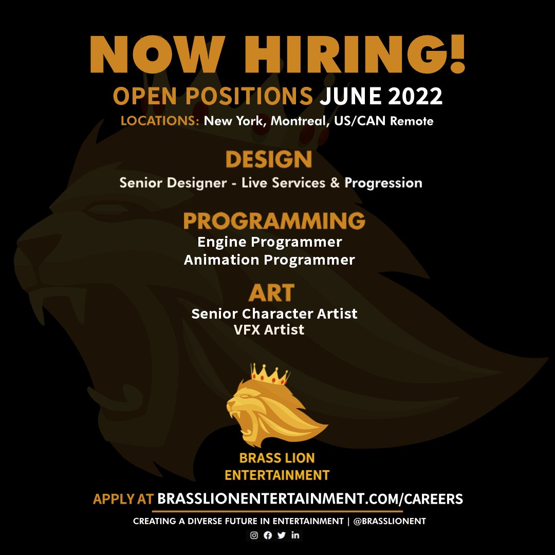📢BRASS LION JUNE JOB UPDATE!

📍Remote (US/CAN)
💰Competitive salary
⚕️Great benefits
💛PTO, unlimited sick days, healthy work life balance

✨Underrepresented devs highly encouraged to apply!
 
👉🏽brasslionentertainment.com/careers

#GameJobs #GameDev #BLECareers