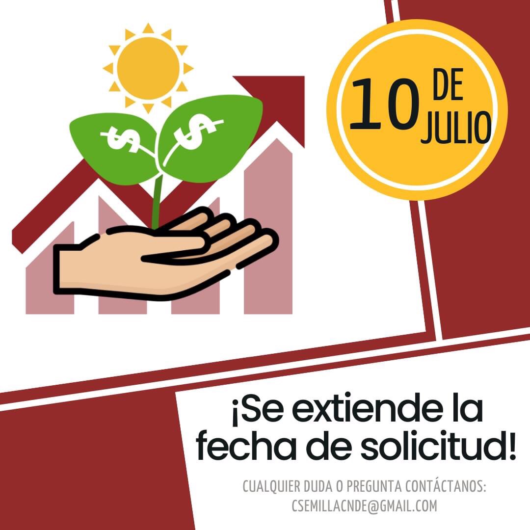 🚨¡Atención!🚨

Se ha extendido la fecha de solicitud de nuestro Programa Capital Semilla hasta el 10 de julio.

✔️ Enlace para solicitar: forms.gle/khHTkuW7vckwGa…

Cualquier duda o pregunta puedes contactarnos a través de nuestro correo electrónico: csemillacnde@gmail.com